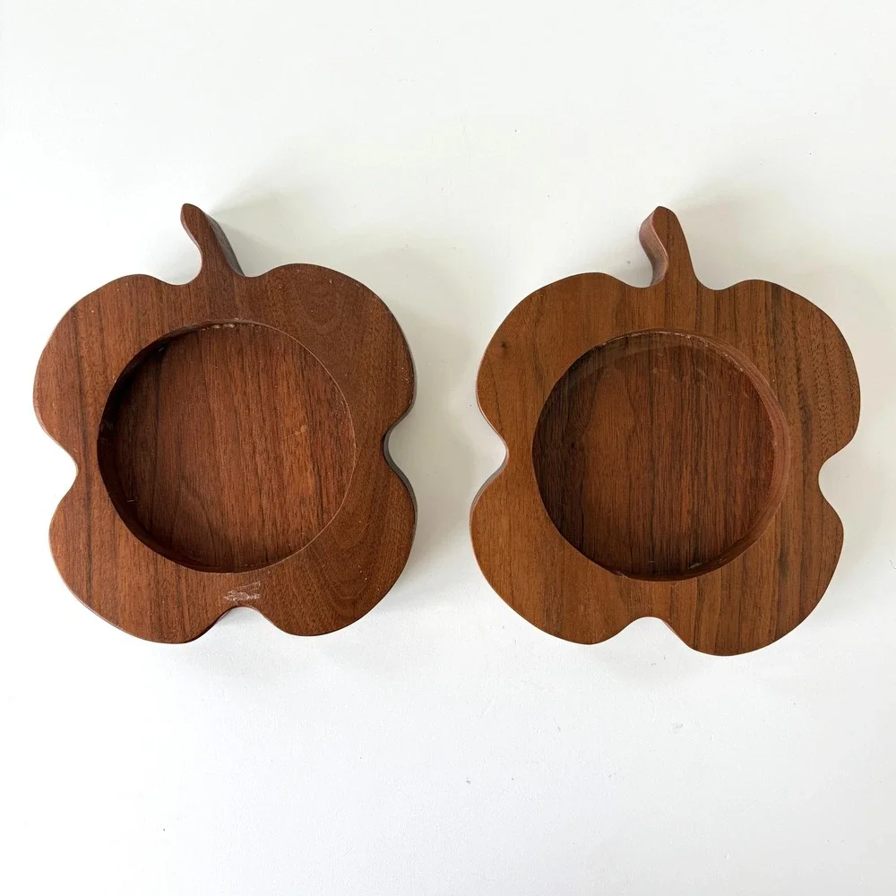 Vintage Solid Walnut Apple Shaped Candle Holders Coasters Set of 2 MCM Wood